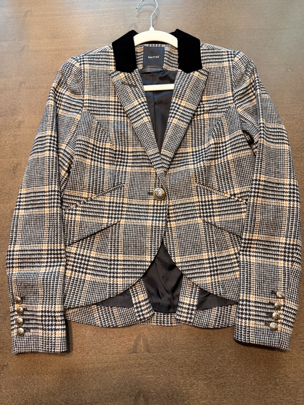 Smythe 100% Wool Houndstooth Plaid Blazer Velvet Collar Size 6 - Picture 2 of 16